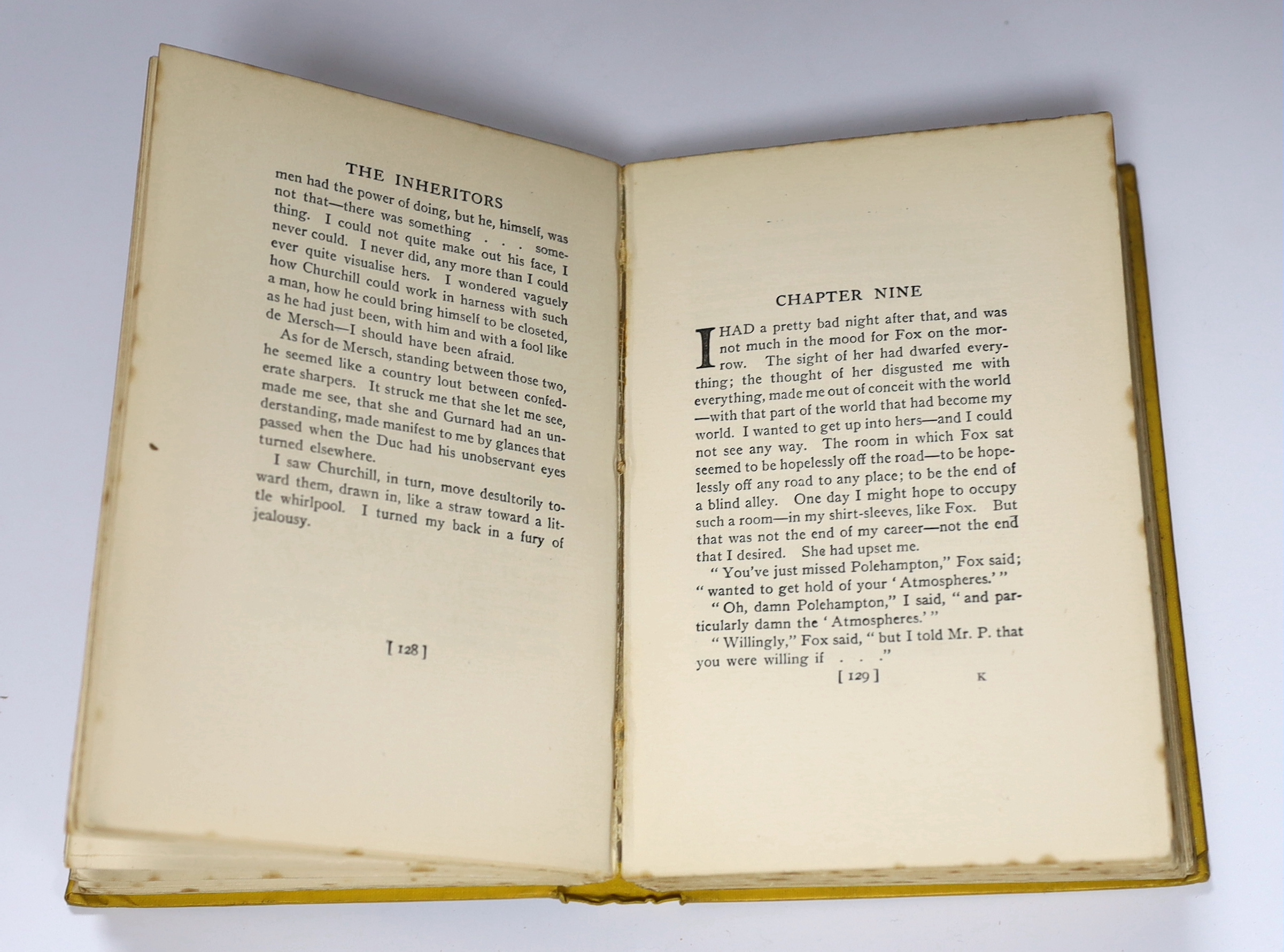 Conrad, Joseph and Hueffer, Ford Madox - The Inheritors: An Extravagant Story, 1st English edition, 8vo, yellow pictorial cloth, without dedication leaf later inserted in some copies, lacks front endpaper and half title,